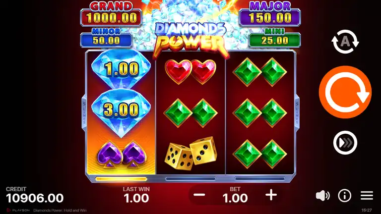 Spin 438 - credit 10,906.00, base game activity after first Hold and Win bonus