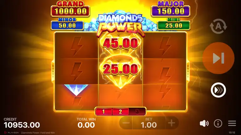 Diamonds Power HOLD AND WIN feature active - fiery orange background, center column accumulating coins 45.00 and 25.00 during respins