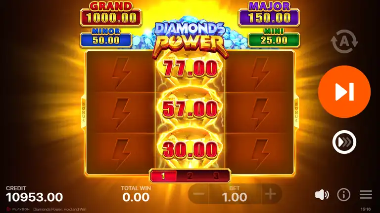 Diamonds Power HOLD AND WIN result - center column complete with coins 77.00, 57.00, 30.00 summing to 164x at credit 10,953.00
